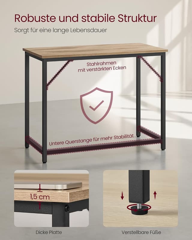 Detalle de VASAGLE Computertisch LWD041K01 (100 x 50 x 76 cm) in Kamelbraun/Schwarz – stabiler Bürotisch fürs Arbeitszimmer
