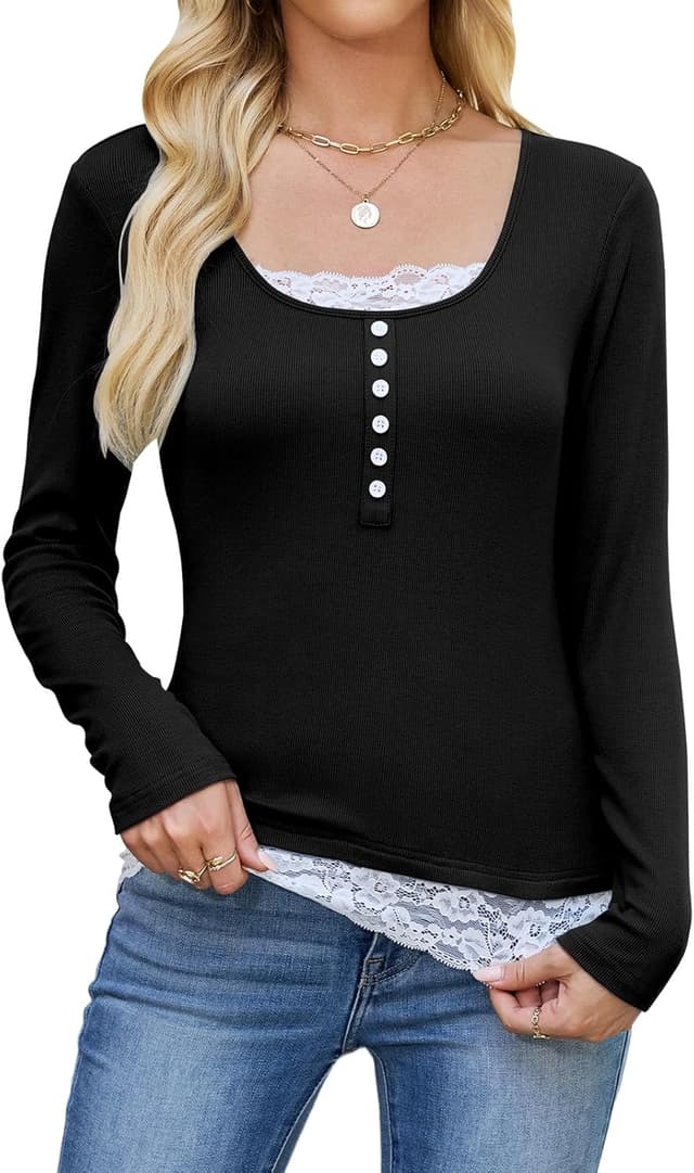 Thumbnail 6 de Quatrefox Damen Sweatshirt mit Spitze-Patchwork & Henley-Ausschnitt, langarm, lässig-elegant
