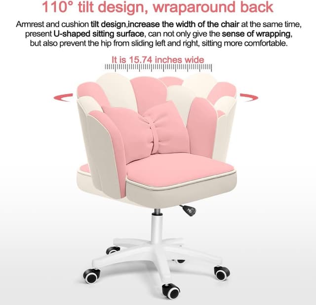 Thumbnail 6 de XUEGW Schreibtischstuhl mit Blütenblatt-Design aus Samt, Schleife und 360° Dreh-Rollen fürs Heimbüro