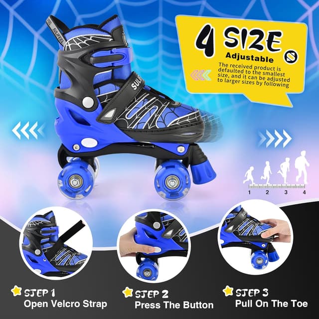 Detalle de SULIFEEL Adjustable Kids Roller Skates with Light-Up Wheels (Ages 3–12, 4-Size Adjustable Fit)