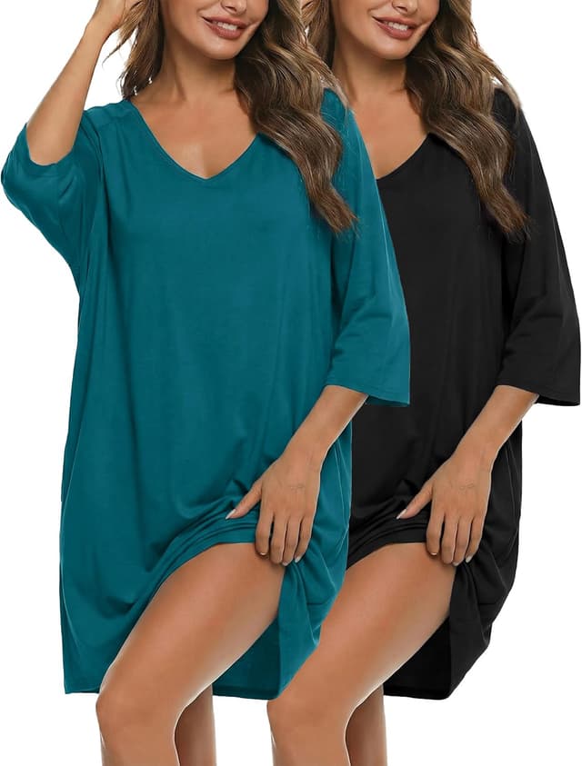 Detalle de Bresdk : chemise de nuit femme en coton oversize à manches 3/4, col en V et poches (S à 3/4XL)