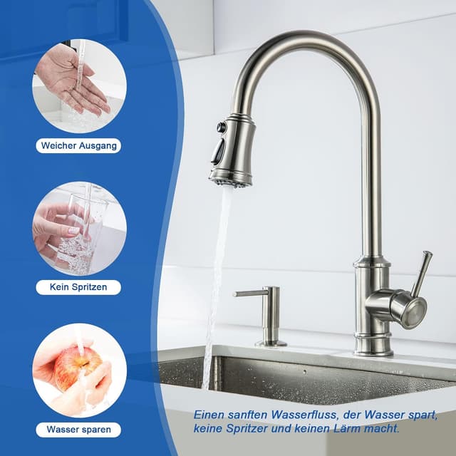 Detalle 2 de LakeBayMZC Rubinetto da cucina a muro in acciaio inox 304 nero, 360° e 2 tipi di getto