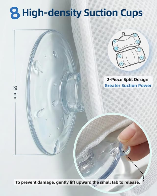 Detalle 2 de KEIY Bath Pillows set (2-piece) with 4D air mesh and 8 suction cups – white