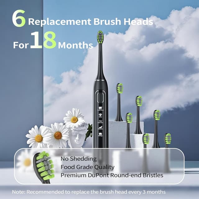 Detalle 2 de Sonic Electric Toothbrush for Adults with 6 Brush Heads, 5 Modes and 100-Day Battery Life (IPX7)