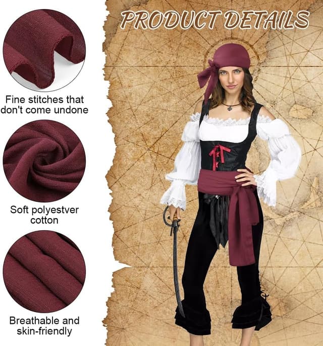 Detalle de Alaoo Kit Accessori Pirata da Capitano: bandana, cintura e altri accessori per Halloween e Carnevale