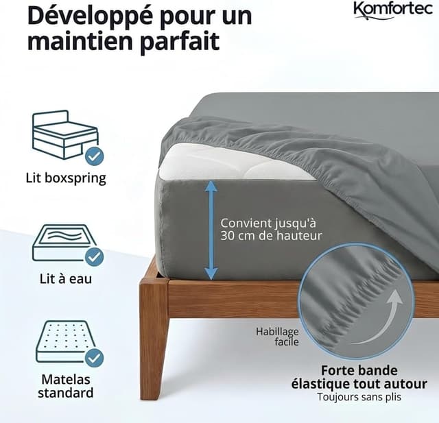Detalle de Komfortec Drap housse 200x200 cm en microfibre brossée douce (bonnet 30 cm) gris