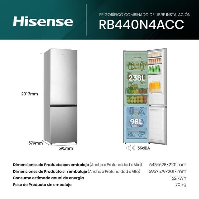 Detalle 2 de Hisense RB440N4ACC Frigorífico Combi 336 L