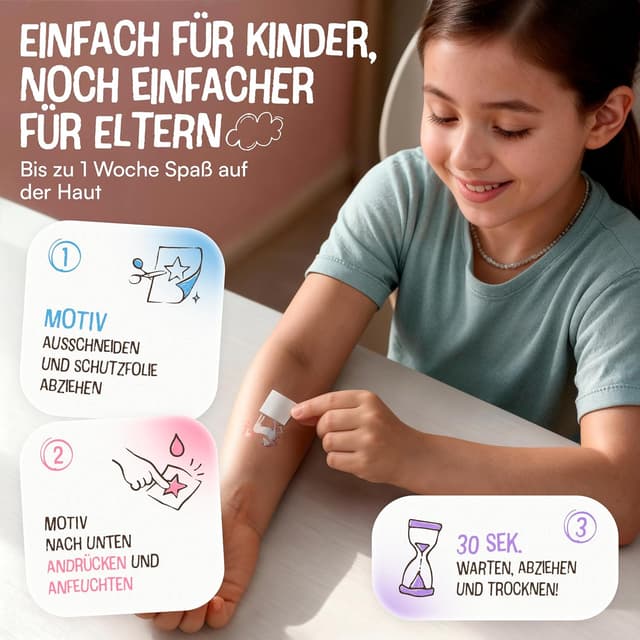 Detalle 2 de Lunablu 120 hautfreundliche Kinder Tattoos (dermatologisch zertifiziert) – bunte Tier-Motive, Made in Germany