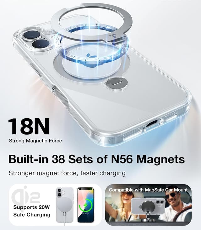 Detalle de TORRAS 360° Spin Magnetic Stand Case for iPhone 16 (MagSafe, 12FT Military Shockproof, Diamond Clear)