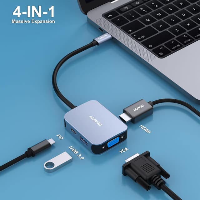 Detalle de BENFEI Hub USB-C 4in1 con HDMI 4K, VGA e USB 3.0 fino a 5 Gbps + Power Delivery 60W (grigio)
