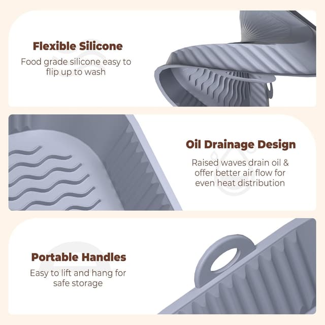 Detalle de Diboniur Teglia per friggitrice ad aria 5-8L con 2 tappetini in silicone (nero e grigio), per airfryer, microonde e forno