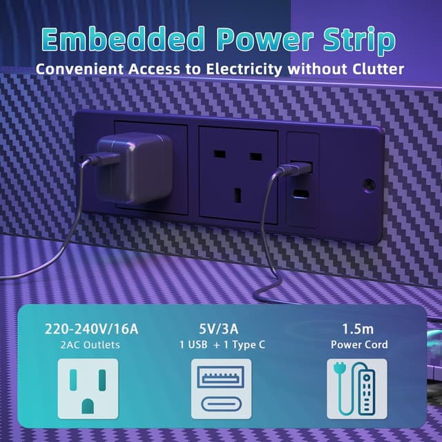 Detalle 2 de BEXEVUE LED Computer Desk with Power Outlets (120x50cm) – reversible gaming workstation with drawer, side shelf and hooks