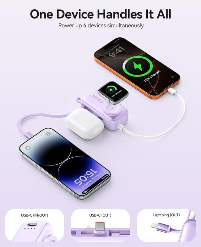 Detalle de ORICO Mini Power Bank 5000 mAh (PD 22,5 W) avec USB-C pliable et câble intégré, violet