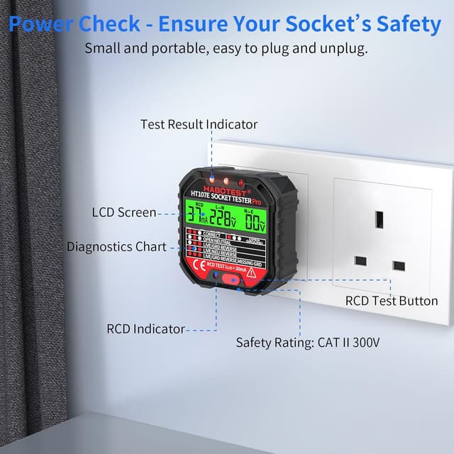 Thumbnail 6 de HT107E Socket Tester RCD Plug Outlet Tester UK with LCD display