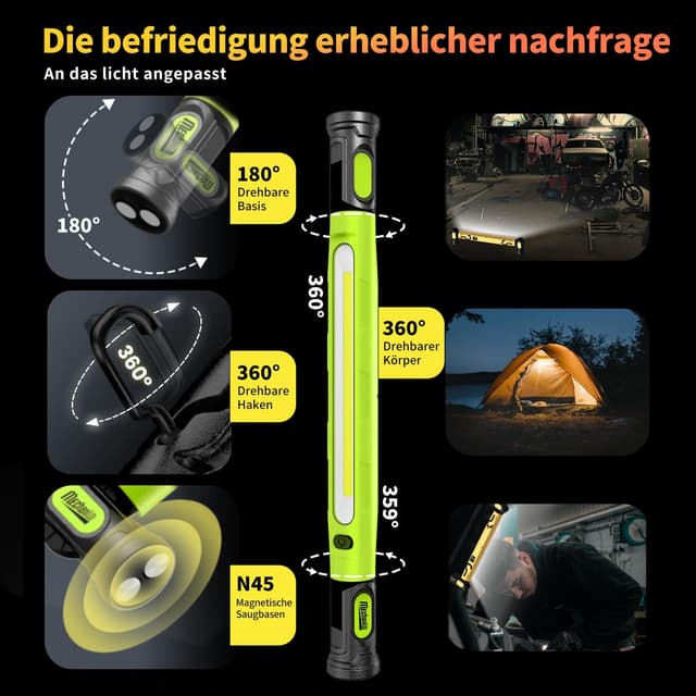 Thumbnail 3 de Magnetisches Arbeitslicht mit Akku: 3.000 lm, 3 Farbtemperaturen, USB‑C Schnellladung und Magnet/Werkstatthaken (grün)