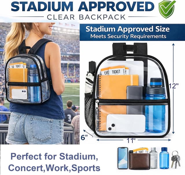Detalle 2 de Oraben Clear Backpack Stadium Approved (12 x 6 x 11 in) — Small Transparent PVC Bag for Events & Travel