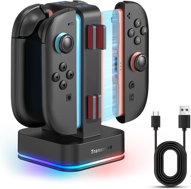 Detalle de TRANSNOVO Charging Dock for Nintendo Switch 2 (4-Slot) with RGB Lights and 8 Game Card Storage
