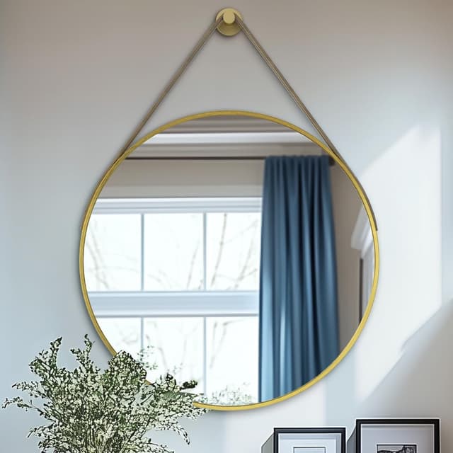 Detalle de Artloge Spiegel Rund Gold 80 cm – Wandspiegel mit Metallrahmen und Lederband