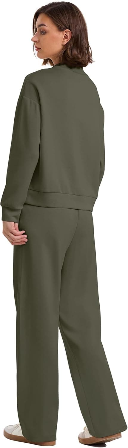 Detalle de WIHOLL Two-Piece Lounge Set for Women (Mock Neck Top + Wide-Leg Pants)