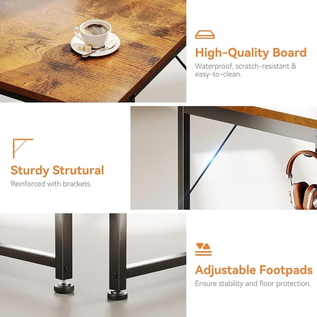 Detalle de Coleshome Computer Desk with Drawers (120×48cm) – Vintage Brown, reversible storage and wide legroom