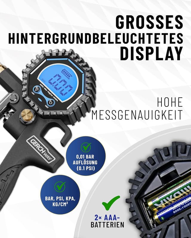 Detalle de GERCHWAY Digitaler Reifenfüller mit Manometer – digitaler Reifendruckprüfer 0–14 bar (±1% Messgenauigkeit)