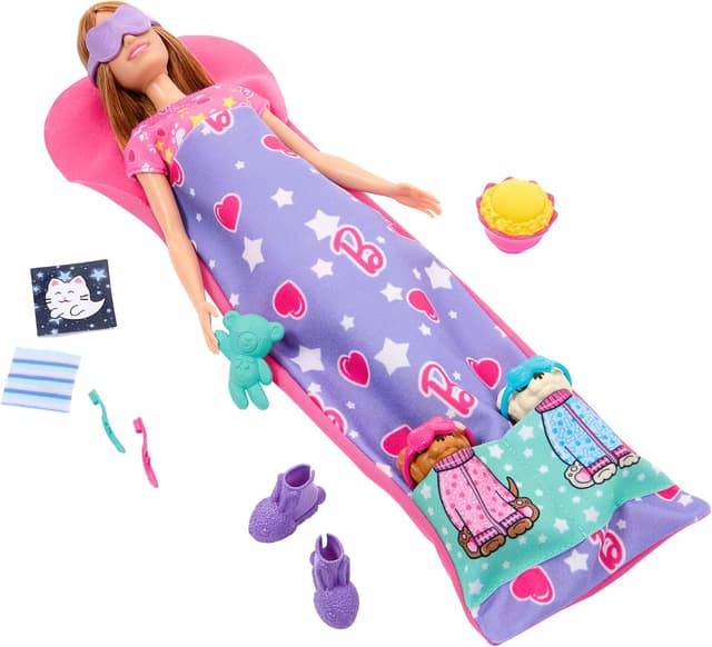 Detalle 2 de Barbie Spielset „Welpen-Pyjama-Party“ (HXN01) mit Puppe, 2 Spielzeughunden und über 10 Zubehörteilen
