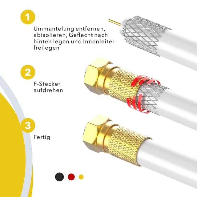 Detalle 2 de RedStar24 50 m Koaxial-SAT Kabel 135 dB, 5-fach geschirmt, 10 vergoldete F-Stecker (Weiß)