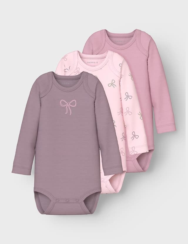 Detalle de NAME IT Nbfbody 3P Ls Barely Pink Bow Noos – Lot de 3 bodys à manches longues
