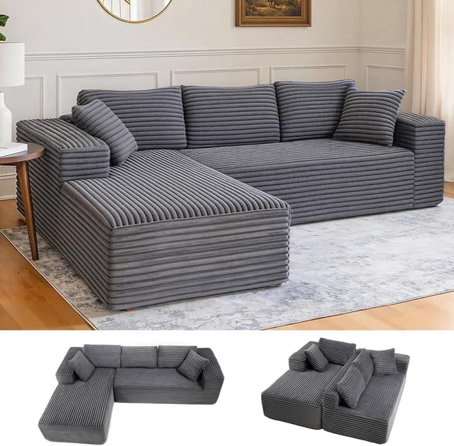 Detalle de COMHOMA Canapé d’angle en forme de L modulable 3 places en velours côtelé gris