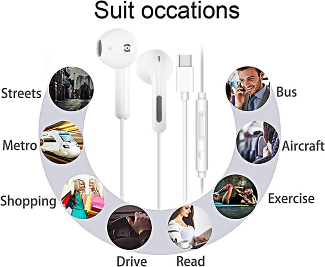 Detalle de 2-Pack USB-C Wired Earbuds with Mic, Volume Control & Inline Remote for iPhone 16/15 Pro Max/Plus and Samsung Galaxy S22–S24