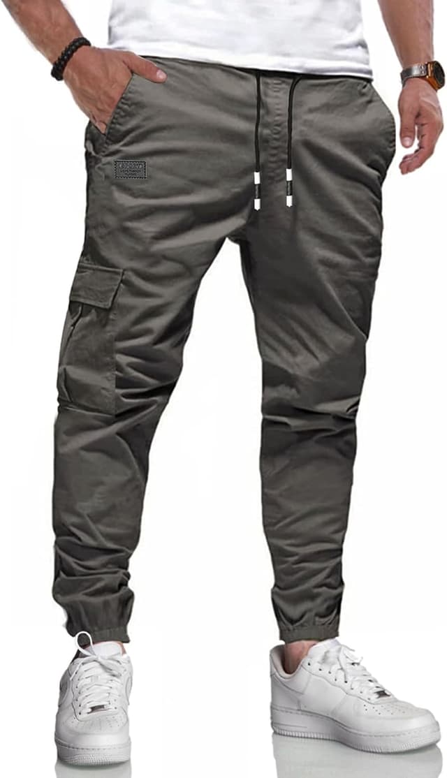 Detalle de Pantalon cargo homme KUNJLELP en coton 100 % : slim casual, poches multiples et cordon de serrage