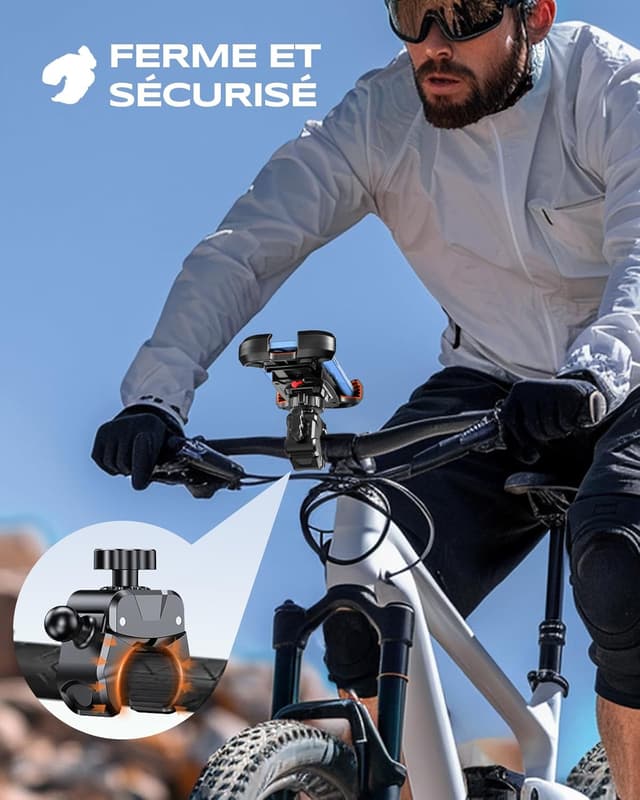 Detalle de Support téléphone vélo CIRYCASE avec pince robuste et protection antivibratoire, rotation 360°