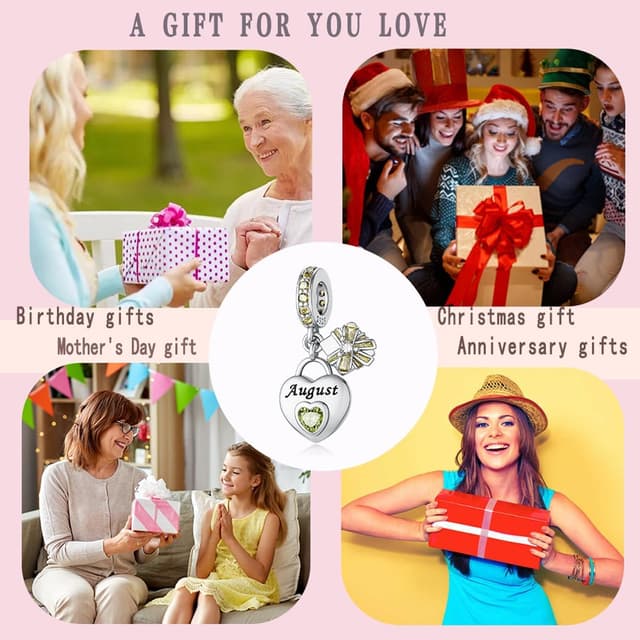 Detalle 2 de LNQOBU 925 Sterling Silber Birthstone Charm „August“ mit Herz-Zirkonia