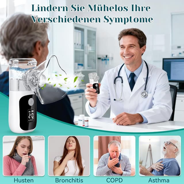 Detalle 2 de Inhalationsgerät für Erwachsene & Kinder mit Countdown-Timer, Selbstreinigung und 2 Masken (USB, leise)