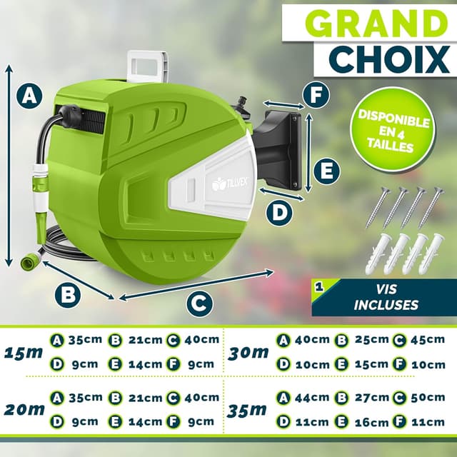 Detalle de tillvex Schlauchtrommel mit Wandhalterung, Handbrause und 9-Funktionen-Wasserpistole (Schlauchaufroller, 30 m, grün)