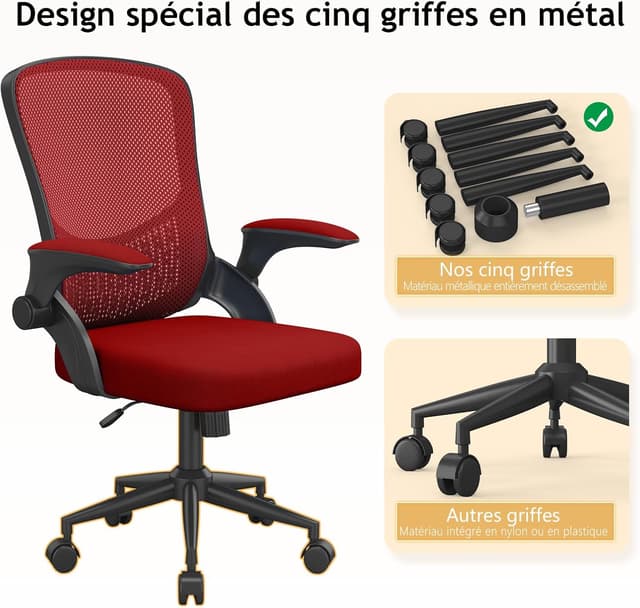 Detalle de Naspaluro chaise de bureau ergonomique avec accoudoirs rabattables à 90°, soutien lombaire et assise pivotante 360° (rouge sombre)