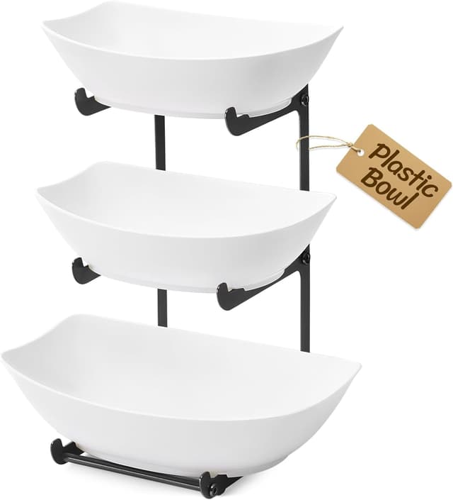 Detalle de Lifewit 3-Tier Plastic Fruit Bowl with Black Metal Stand for Kitchen Counter (PET, stackable trays)