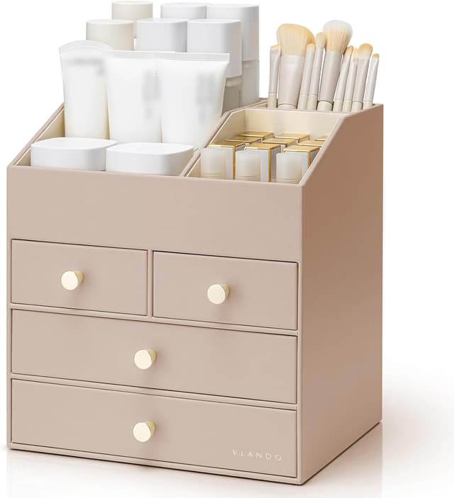 Detalle de VLANDO Make-up Organizer mit 4 Schubladen – Kosmetik-, Skincare- und Parfüm-Aufbewahrung für Bad & Dresser