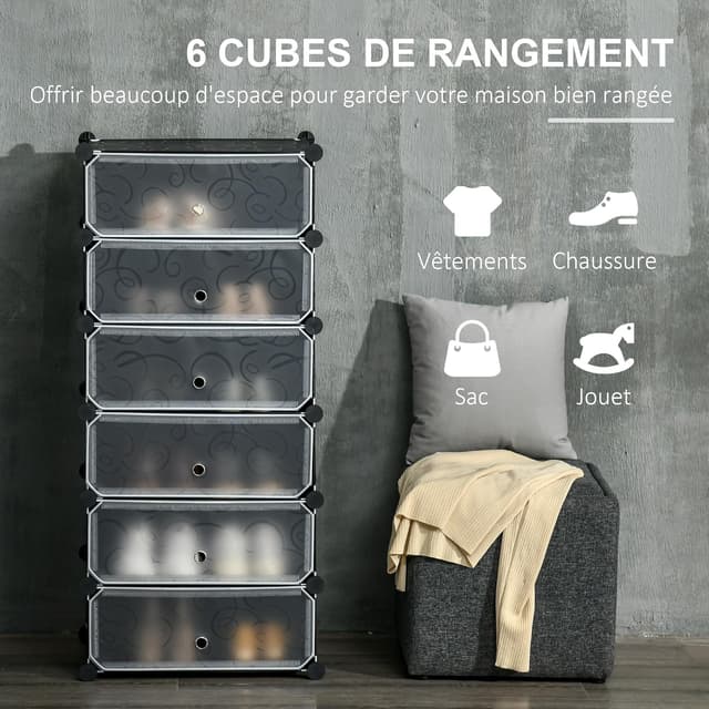 Detalle de HOMCOM Armoire à chaussures modulable avec 6 cubes empilables, 12 paires, 49 x 36,5 x 108 cm, noir