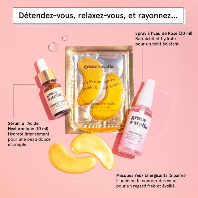 Detalle de grace & stella Kit Dew-Tox & Chill Coffret Beauté Femme : patchs pour les yeux + sérum à l’acide hyaluronique + spray à l’eau de rose