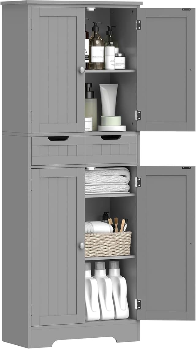 HOMCOM Meuble de salle de bain avec tiroir et portes, étagère réglable, 60 x 30 x 160 cm (gris)