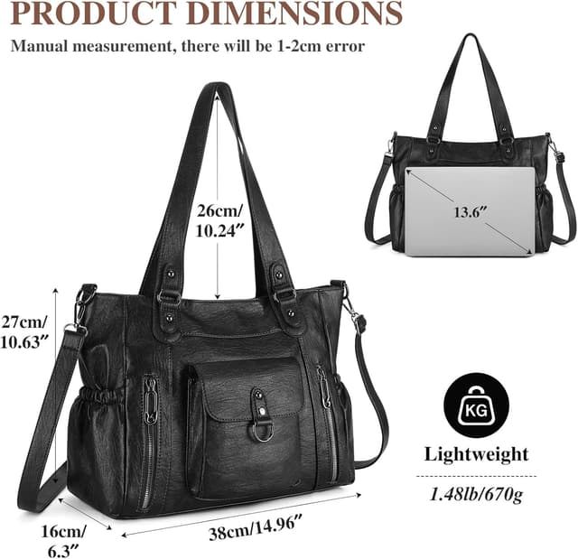 Detalle de BAIGIO Grand sac à main femme en cuir PU vintage avec bandoulière réglable et multi-poches (noir)