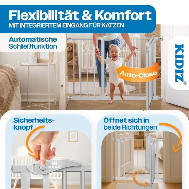 Detalle de KIDIZ Treppenschutzgitter ohne Bohren, verstellbare Breite 88–94 cm, 75 cm hoch (Grau)