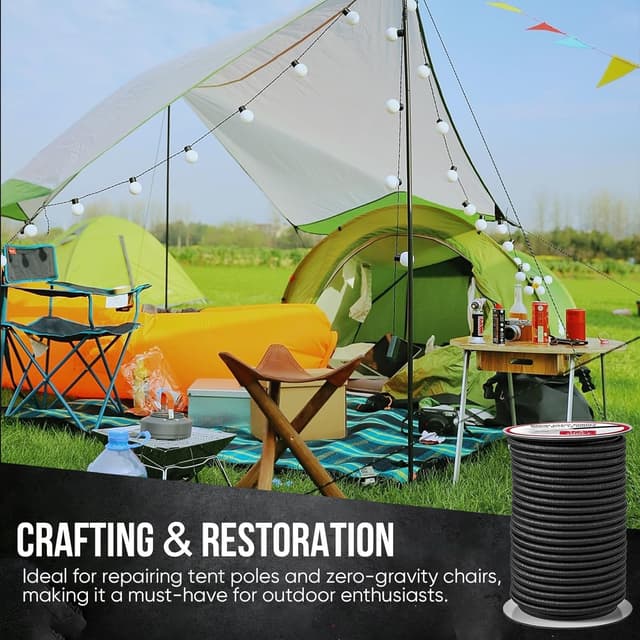 Detalle de Marine Grade Heavy Duty Bungee Cord Roll with 12 Hooks (1/4 in x 100 ft) – Black Shock Cord Kit for Kayak Deck & Outdoor Tie Downs