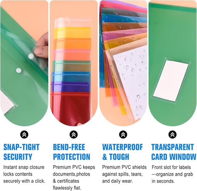 Detalle de Mutsitaz 24er Set A4-Dokumententaschen mit Druckknopf – bunte Kunststoffhüllen, 8 Farben