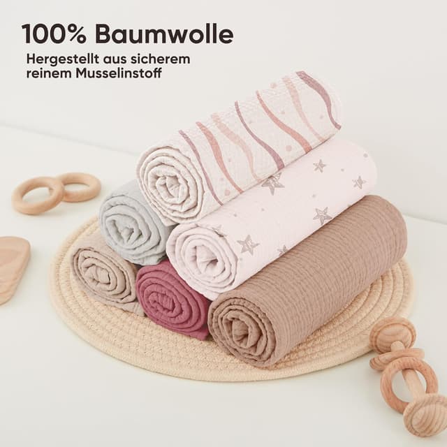 Detalle de Bearmoss Moltontücher Baby-Spucktücher aus 100% Baumwolle, Musselin Set (6er, 60×60 cm) – Rosa-Druck