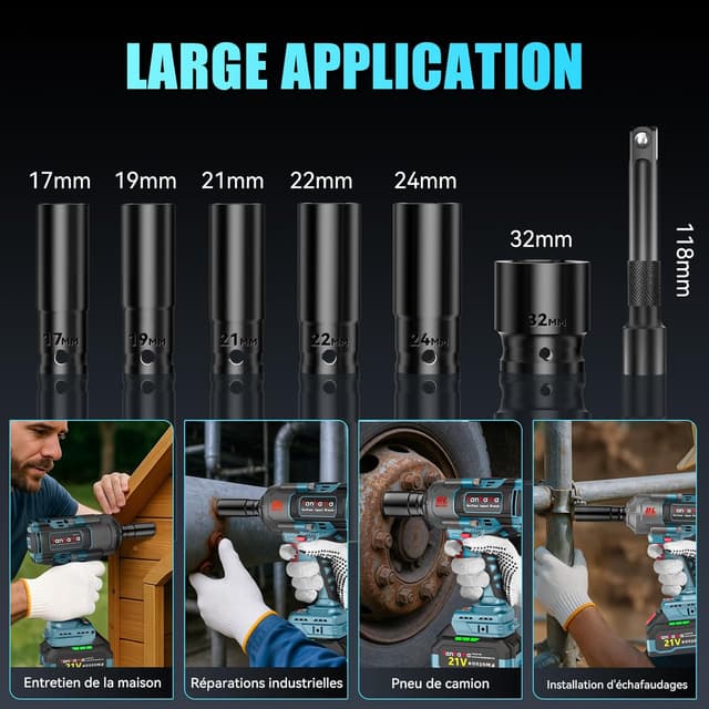 Thumbnail 6 de Yanhama clé à choc sans fil 1400 Nm brushless (2×21 V 4,5 Ah) avec embouts et gants