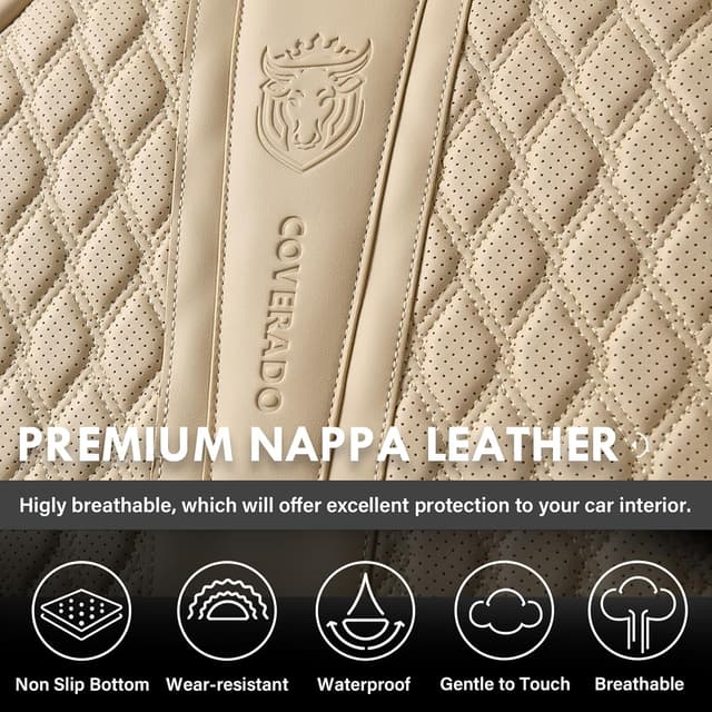 Detalle de Coverado Front Seat Covers (Front Seats) – Nappa Leather Style, Waterproof, Lumbar Support, Universal Fit (Beige)