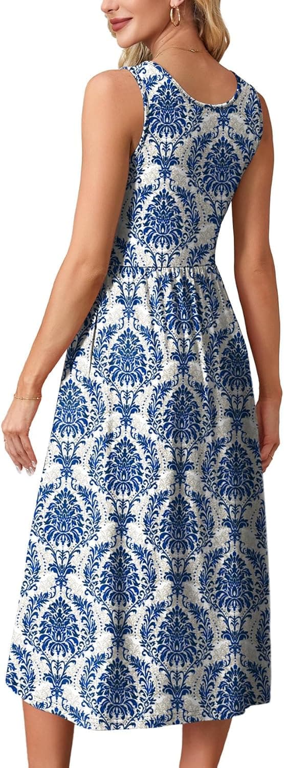 Detalle de WIHOLL Flowly Casual Midi Dress with Pockets for Women — Scoop Neck, Sleeveless Tank Style