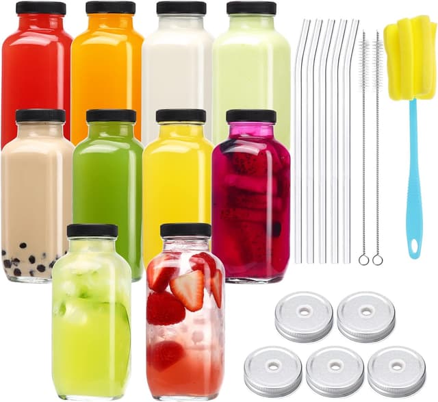 Detalle de CUCUMI 10pcs 16oz Glass Juice Bottles with Lids (Reusable Drinking Jars, Straws & Cleaning Brush Set)